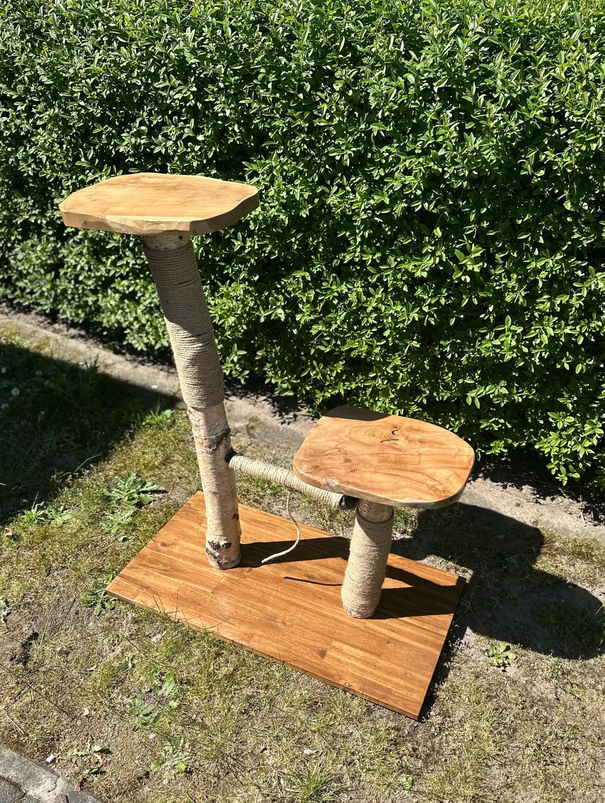Kratzbaum "Bruno" aus Naturholz - Handgefertigt – Birke & Akazie – Für Innen und Außen – Platzsparend  – Kratzmöbel für Katzen – Nachhaltiges Design