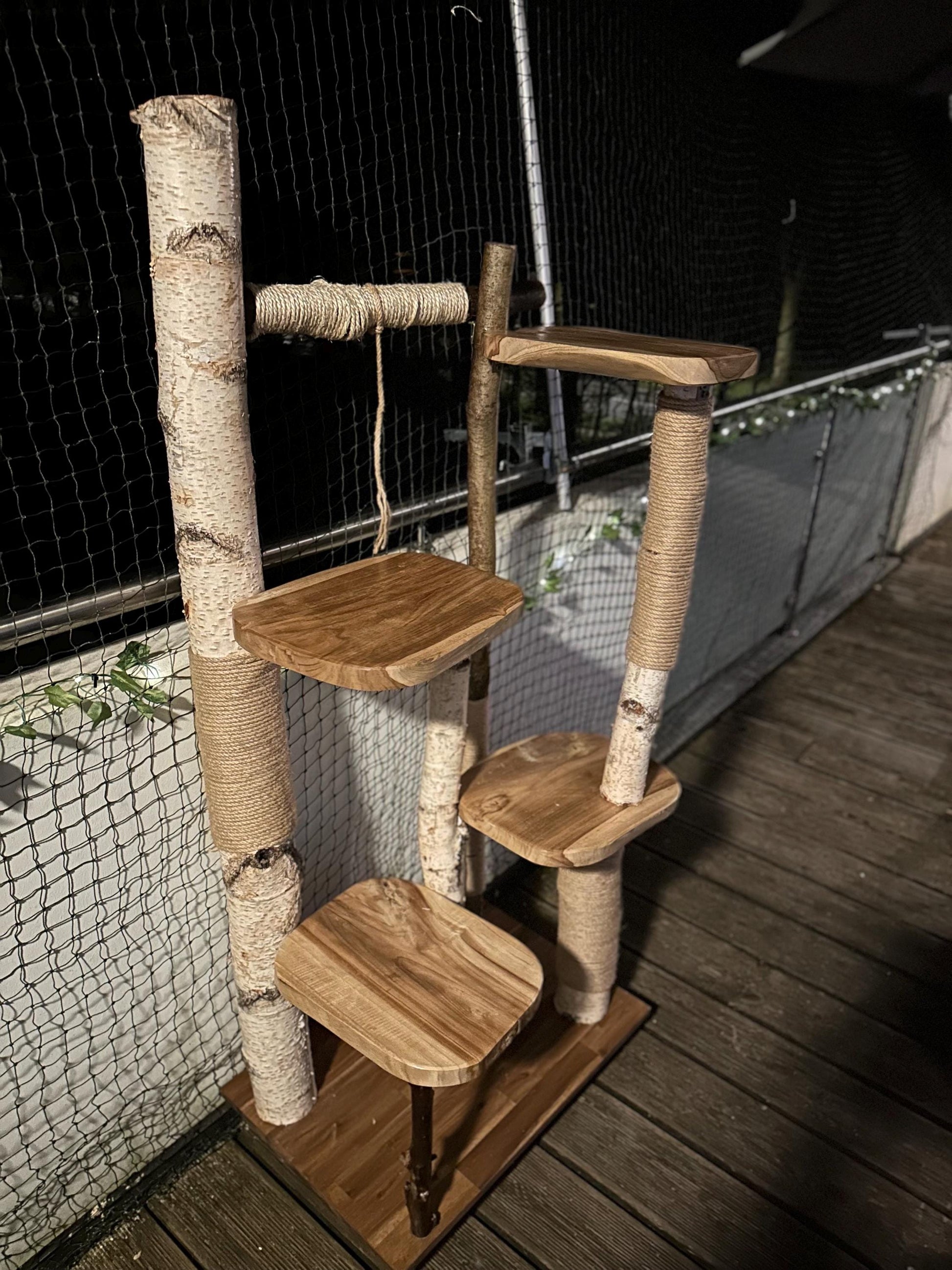 Kratzbaum aus Naturholz - Handgefertigt – Birke & Akazie – Für Innen und Außen – Platzsparend  – Kratzmöbel für Katzen – Nachhaltiges Design