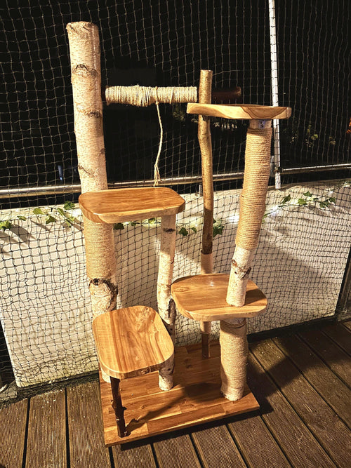 Kratzbaum aus Naturholz - Handgefertigt – Birke & Akazie – Für Innen und Außen – Platzsparend  – Kratzmöbel für Katzen – Nachhaltiges Design