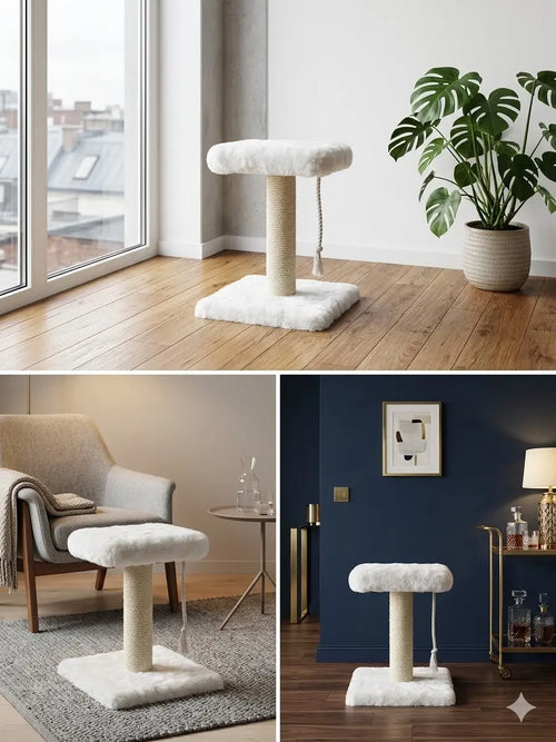 Fellbezogener Kratzbaum - "Lisa" - 40-50 cm hoch – Fellbezogen, Naturholz & Entrindet - extra dickes Sisal – Handgemacht Bunterkopf - Katzenmöbel mit Charakter